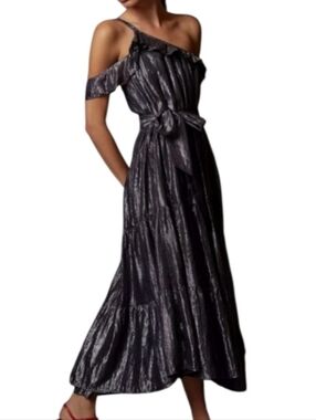 Maeve One-Shoulder Metallic Dress Size XL NWT Silver Tiered Midi Wedding Guest